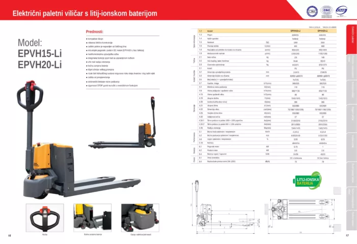 Elektro paletni viličarji za talni transport 1500kg/2000kg - specifikacije